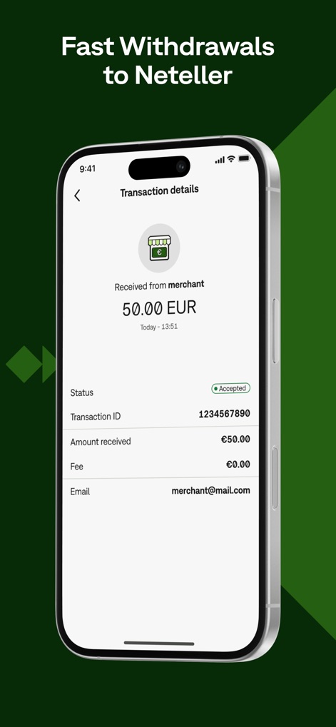 Neteller - Money Transfer - Les utilisateurs bénéficient d'une confirmation rapide des transactions avec un statut « Accepted » visible et des détails clairs comme l'absence de frais de 0,00€ pour la réception.