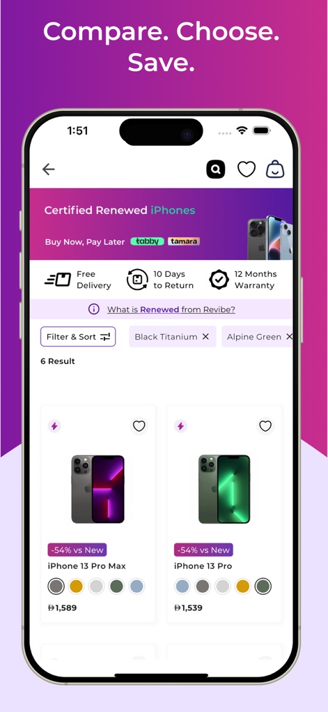 Revibe - Renewed Electronics - Os usuários podem navegar por "Certified Renewed iPhones", utilizando as opções de "Filter & Sort" para refinar a busca e comparar diversos modelos com seus respectivos preços e variantes de cor.