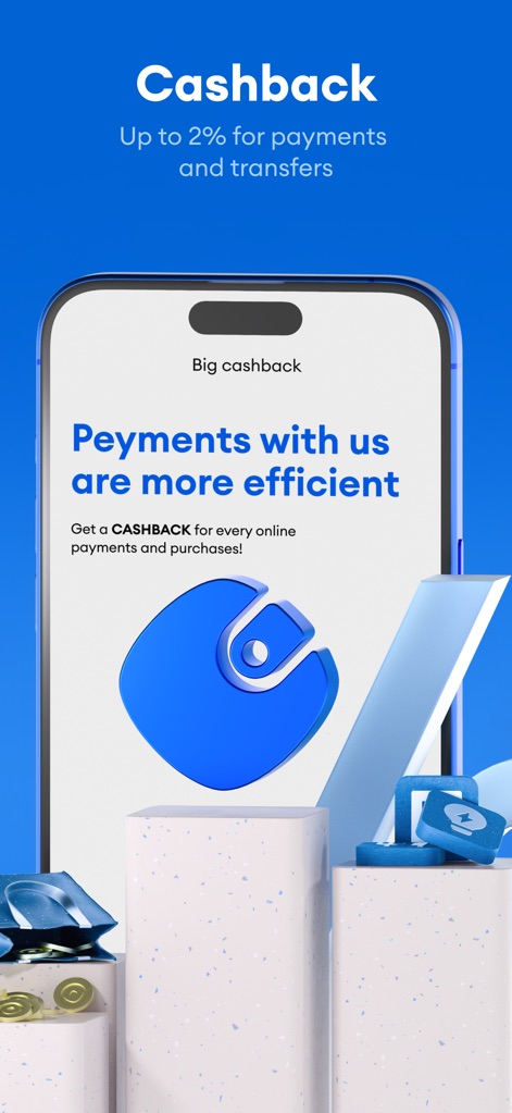 Click SuperApp - Discover the app's 'Big cashback' program, offering up to 2% for payments and transfers, illustrated by a visual emphasizing financial rewards and efficiency.