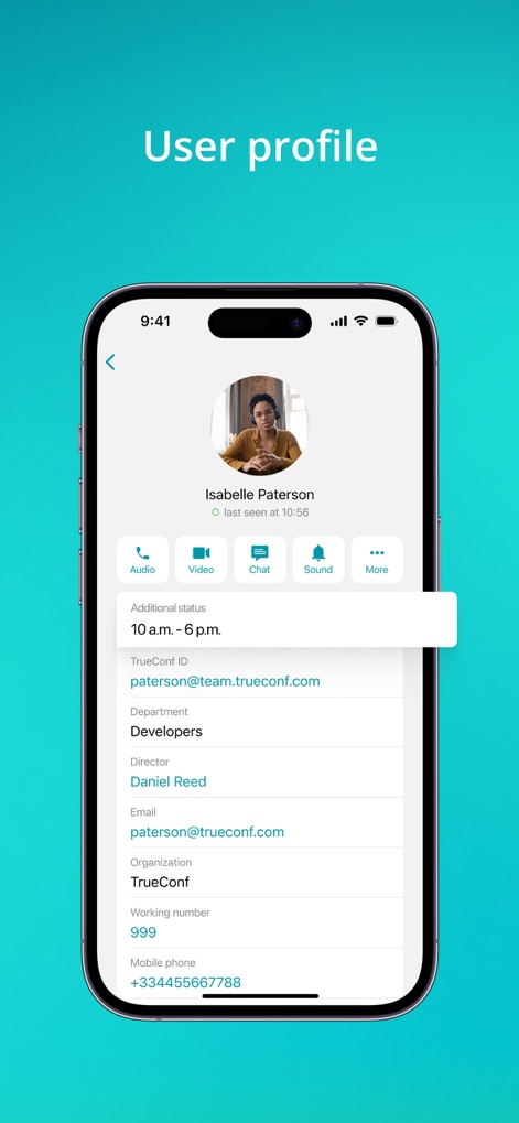 TrueConf: Business Messenger - Jedes Nutzerprofil zeigt detaillierte Kontaktinformationen und den aktuellen Präsenzstatus an, was die direkte Kommunikation und das Kontaktmanagement vereinfacht.