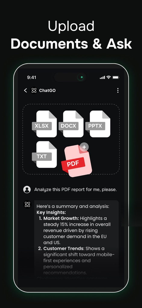 ChatGO: AI Chat 5.0 Assistant - Los usuarios pueden cargar documentos en varios formatos, como se ve con los iconos de PDF, DOCX y XLSX, y la IA proporciona resúmenes y análisis detallados, incluyendo información clave sobre 'Market Growth' y 'Customer Trends'.