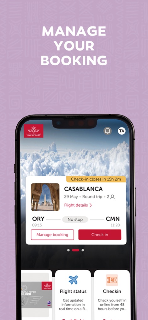 Royal Air Maroc - La aplicación proporciona información clave de la reserva, incluyendo el tiempo restante para el "Check-in" y botones de acción rápida como "Manage booking".