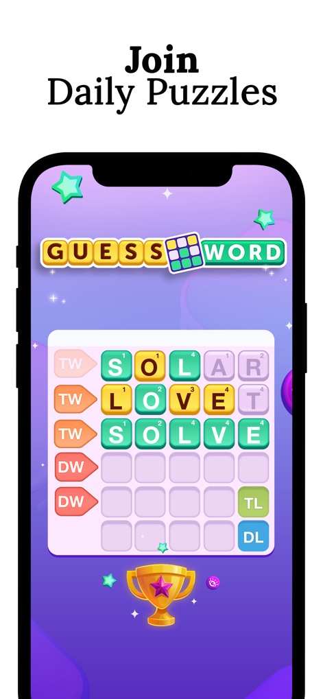 Words With Friends Word Game - Participez aux puzzles quotidiens "Guess Word", reconstituez des mots comme "SOLAR" et "SOLVE", et visez le trophée pour débloquer des récompenses.