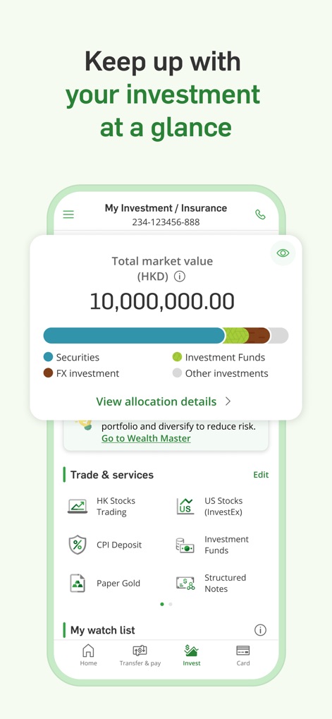 Hang Seng Personal Banking - Users gain a comprehensive financial overview with a "Total market value" display and a clear "allocation graph" detailing investments across different asset classes.