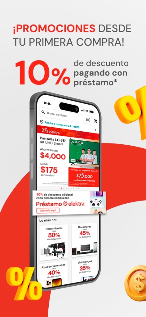 Elektra: compras en línea - La aplicación destaca un "10% de descuento con préstamo*" para compras iniciales y presenta una sección "Lo más hot" con productos y rebajas.