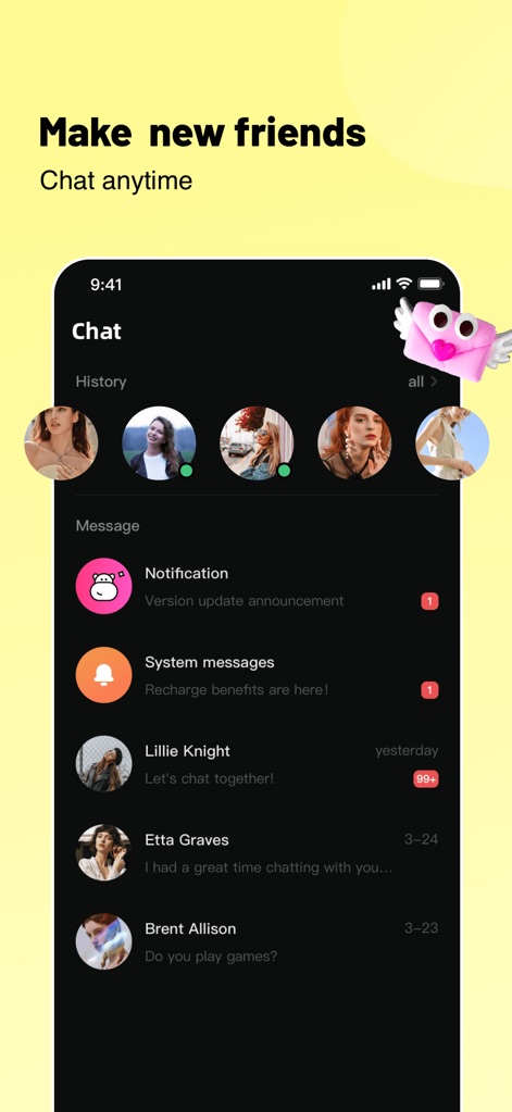 Hippo - Meet New Friends - Explore the app's organized chat history list and the use of circular profile pictures, enabling easy navigation of ongoing conversations and updates.
