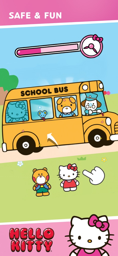 Budge World: Learning & Fun - The app features engaging activities where children can interact with Hello Kitty characters and enjoy a fun school bus ride, complete with a progress bar and decorative bow.