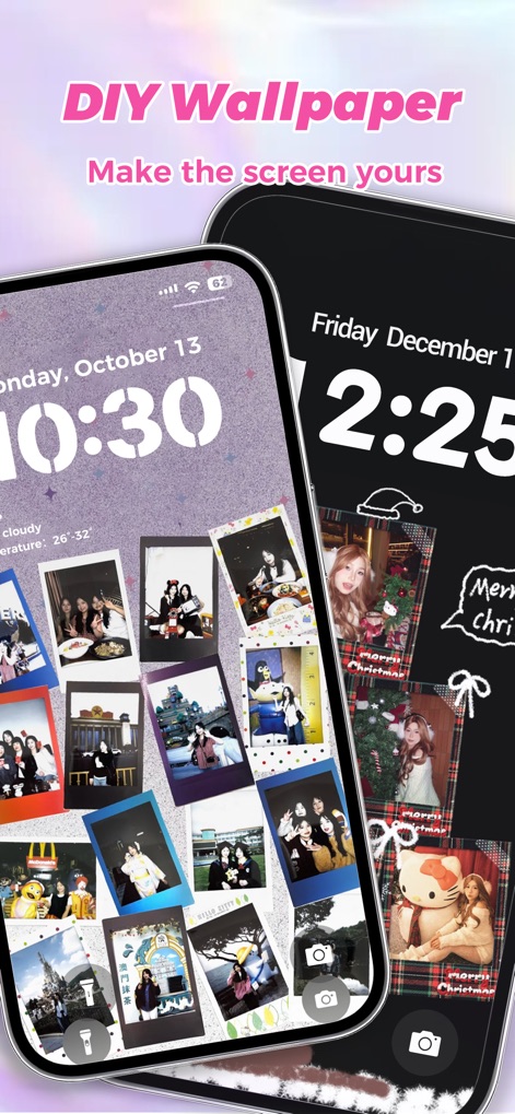 Dynamic Dash - Widget & Theme - ユーザーは、思い出を飾る「ポラロイド風コラージュ」や、季節感を演出する「クリスマスをテーマにした壁紙」など、独自のDIY壁紙を作成してロック画面を彩ることができます。