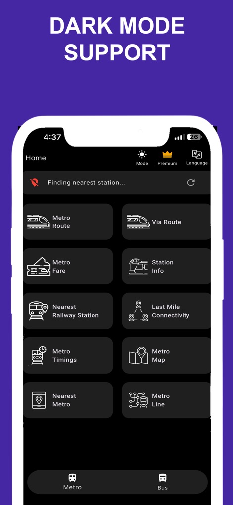 Delhi Metro Route Map and Fare - The app features a sleek dark mode interface, offering a comfortable viewing experience and reducing eye strain, easily activated via the prominent 'Mode' toggle.