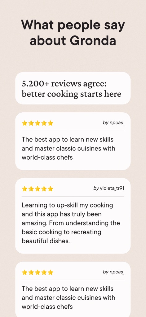 Gronda: Recipes for Chefs - This tool builds trust by displaying authentic user testimonials highlighting skill improvement and clear star ratings indicating high app satisfaction.