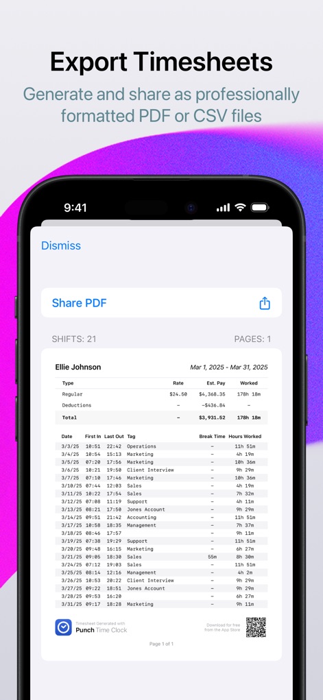 Punch Time Clock - The app facilitates convenient sharing with a dedicated "Share PDF" button and presents a clear, professional PDF preview of timesheets.
