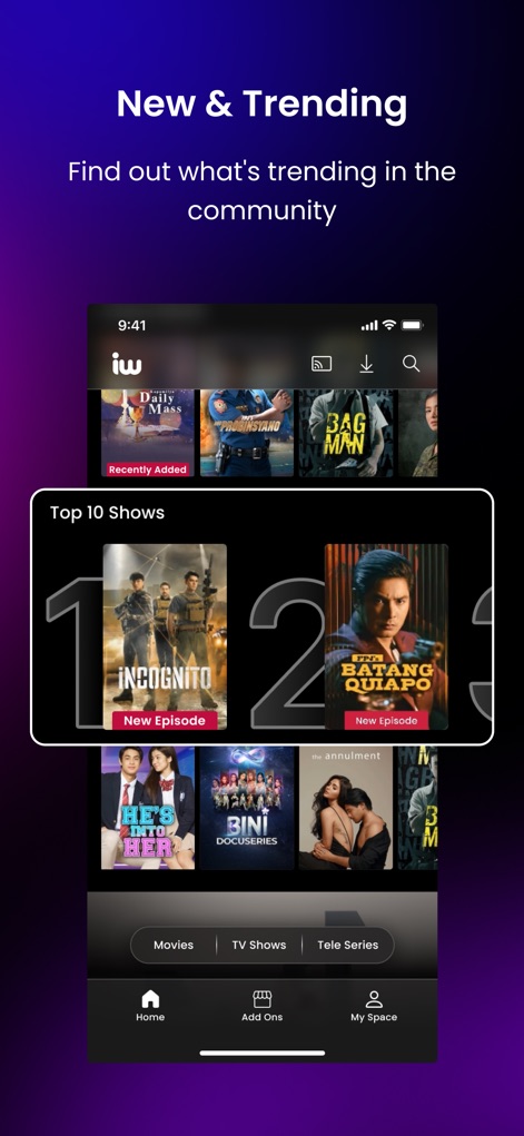 iWantTFC - The app keeps viewers updated with a "Top 10 Shows" list and "Recently Added" content, ensuring discovery of popular and new Filipino titles.