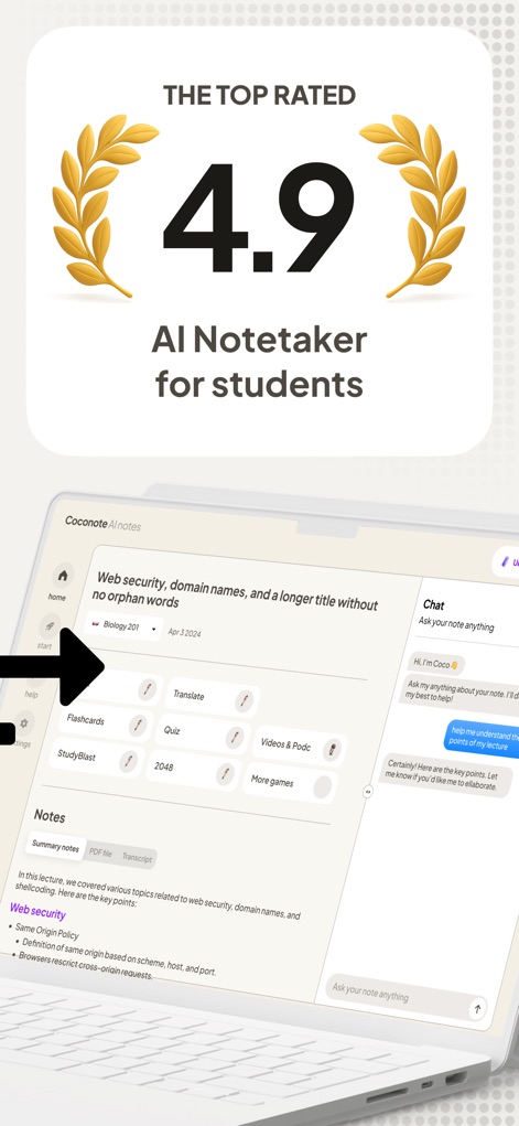 Coconote - AI Note Taker - This powerful platform is celebrated as a top-rated AI Notetaker, showcasing a comprehensive interface with diverse study tools like Flashcards and an integrated chat feature.