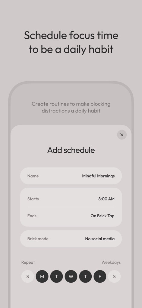 Brick - Ditch Distractions - The app allows users to create custom routines with specific start and end times, and define their 'Brick mode' to ensure daily focus habits.