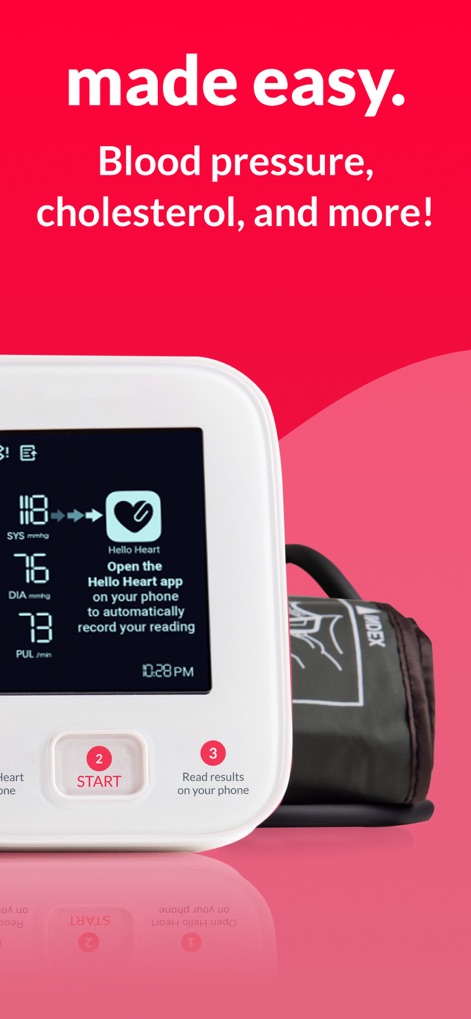 Hello Heart • For heart health - Observe the FDA-cleared monitor displaying live readings and the instructions to 'Open Hello Heart app' for automatic data recording.