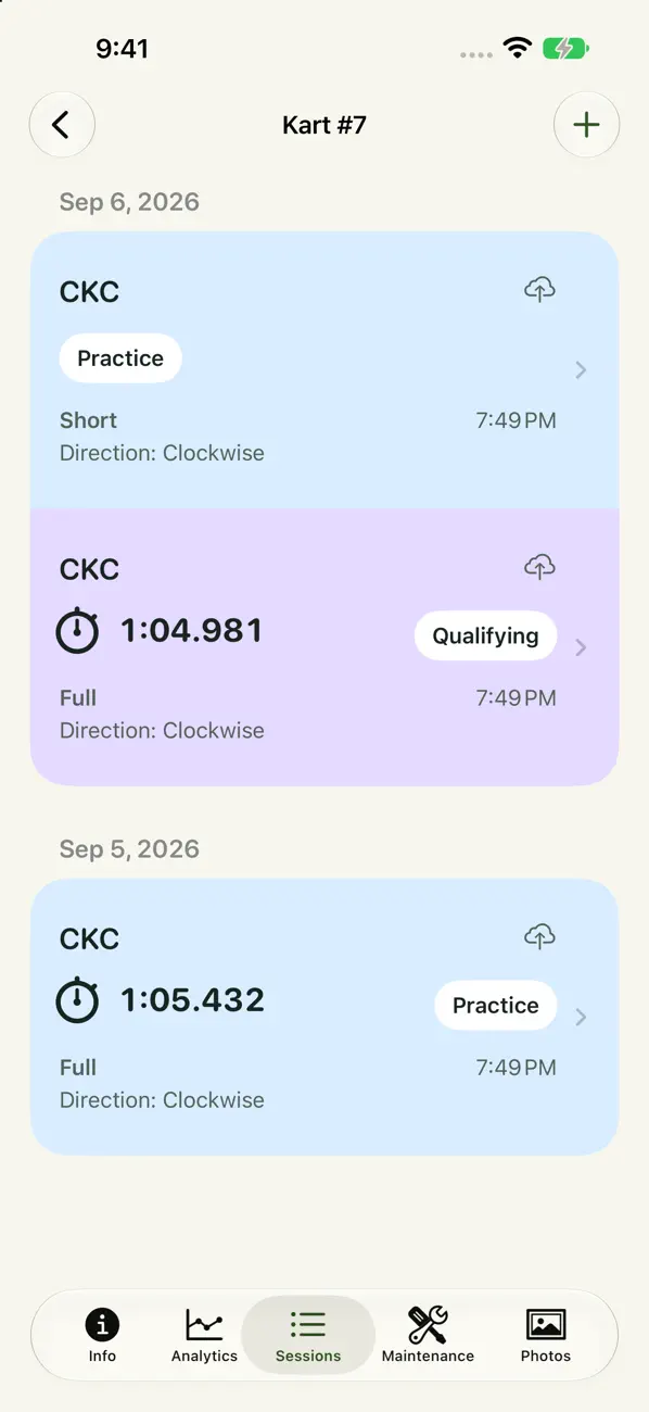 KartTrackerAI session history screen