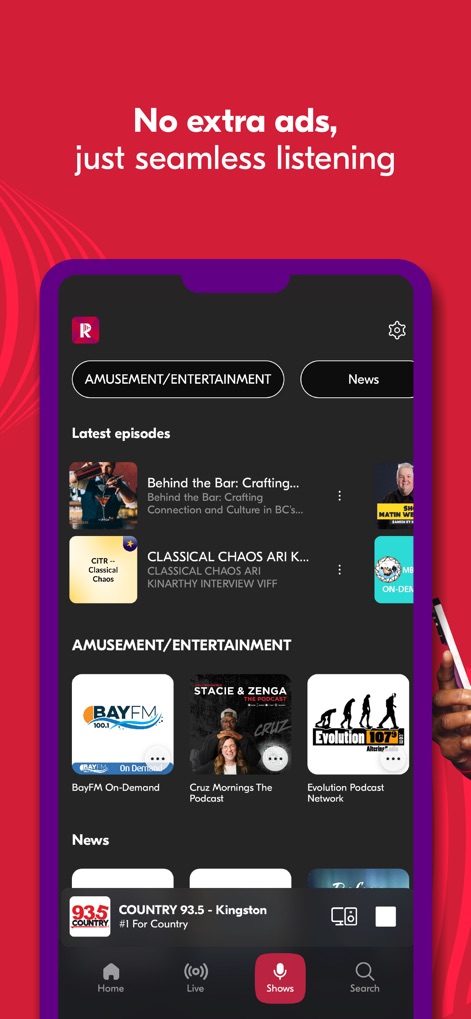 Radioplayer - Radio & Podcast - The app prioritizes uninterrupted listening, showcasing curated podcast episodes and diverse entertainment categories without advertisements.