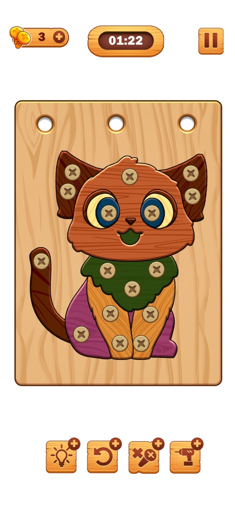Screw Puzzle: Wood Nut & Bolt™ - Aquí se observa un nivel avanzado que forma una figura adorable del gato, destacando los intrincados detalles y la creatividad de los diseños que los usuarios pueden esperar encontrar en el juego.