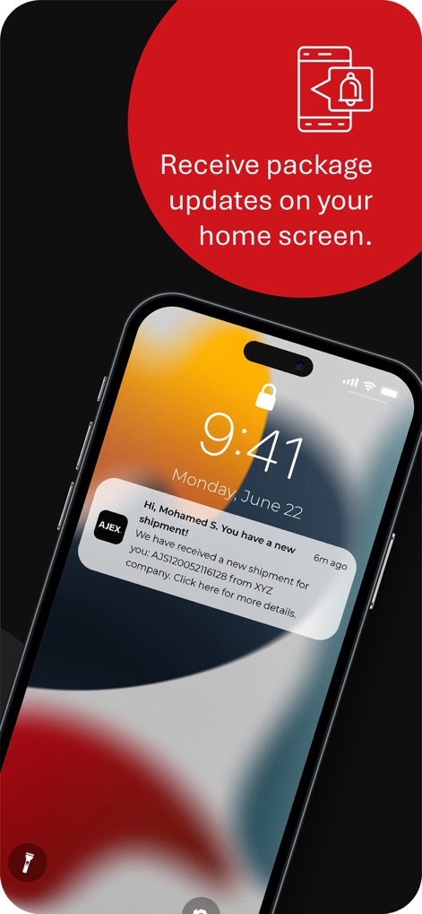 AJEX ايجكس - Users receive proactive communication through lock screen push notifications, instantly updating them about a 'new shipment' and ensuring constant awareness of their package status.