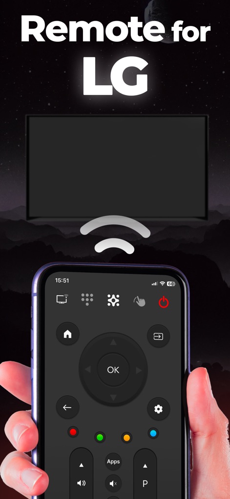 LGee : TV Remote - Observe the app's clean interface, featuring a central directional pad for easy navigation and prominent power controls for immediate TV management.