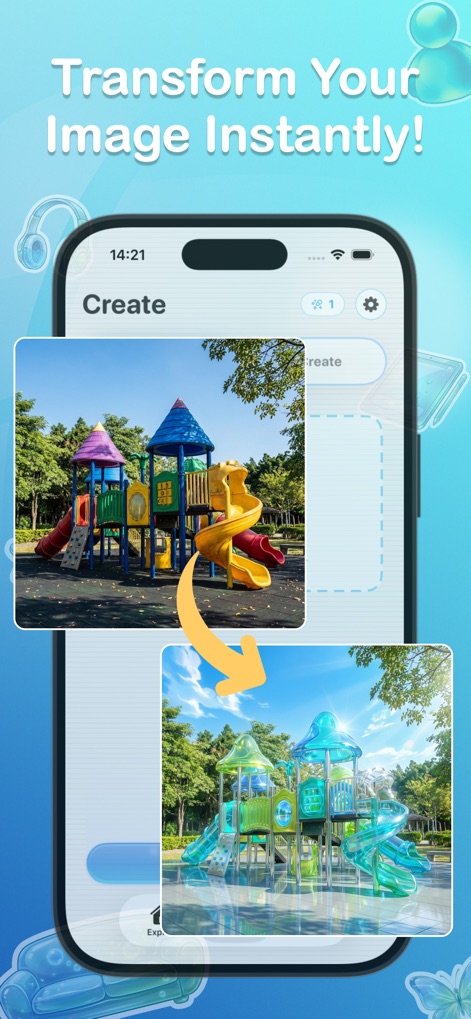 Frutiger Aero AI Art: Aesthify - Observa cómo esta herramienta convierte imágenes comunes en obras de arte optimistas, destacando colores vibrantes y una apariencia de cristal líquido que define la estética.