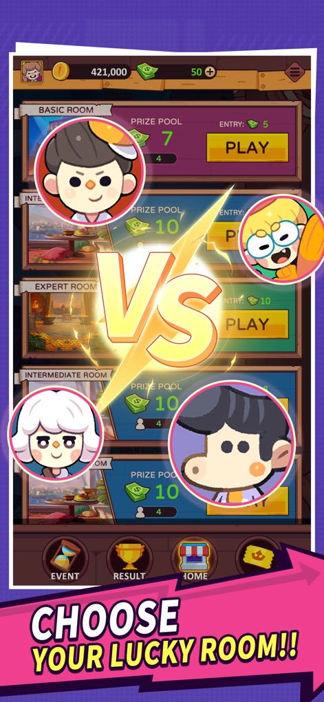 Nile Riches Reelst：Real Cash - Users can select from various game modes, with distinct 'Basic Room' and 'Expert Room' options, each detailing prize pools and entry requirements.