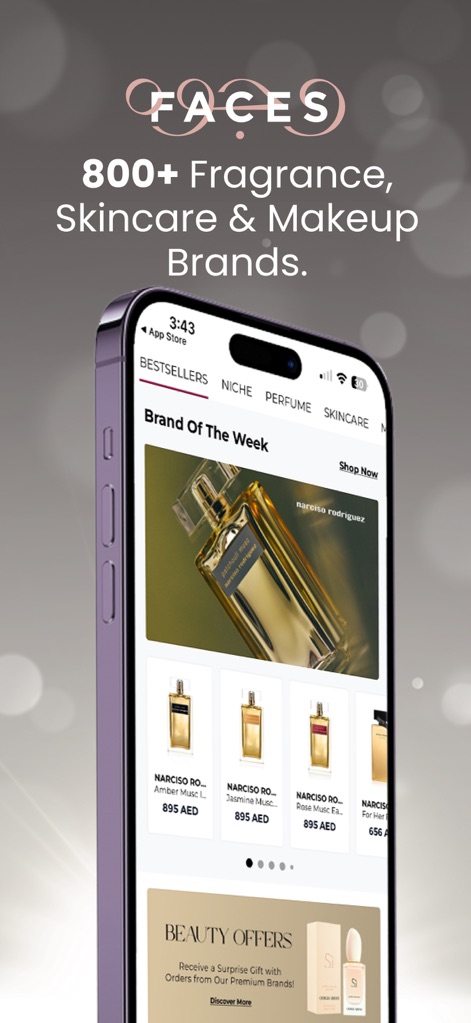 FACES Beauty – فيسز - La aplicación presenta un catálogo exhaustivo con más de 800 marcas de fragancias y cuidado de la piel, y organiza el contenido en categorías claras como 'Perfume' y 'Skincare' para facilitar la exploración de los usuarios.