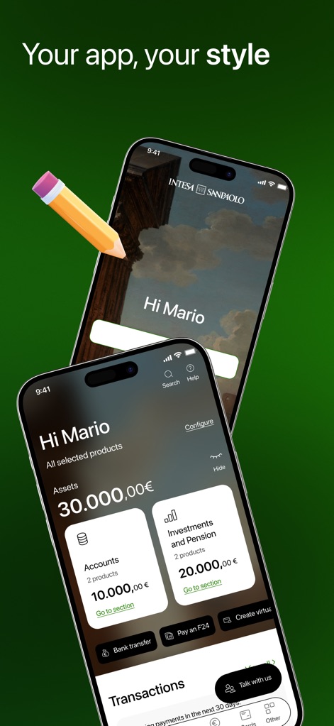 Intesa Sanpaolo Mobile - Users benefit from a customizable greeting screen ('Hi Mario') and a configurable dashboard layout, adapting to individual preferences.