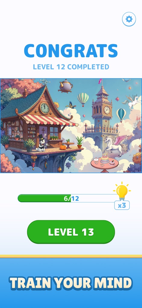 Find Master - Spot Differences - レベルクリア画面では、ユーザーは達成感と共に美しいファンタジー風の街の画像や、次のレベルに進むための「LEVEL 13」ボタンを目にし、継続的な脳のトレーニングを促されます。