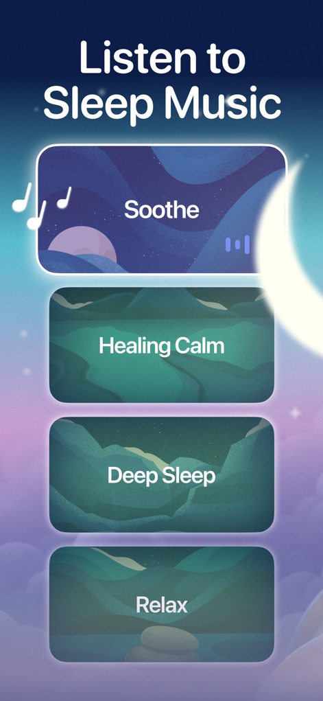 Bedtime Fan: White Noise Baby - La aplicación presenta una diversidad de pistas de música para dormir, con opciones como "Soothe" y "Deep Sleep", diseñadas para complementar los sonidos de ventilador y promover una relajación profunda.