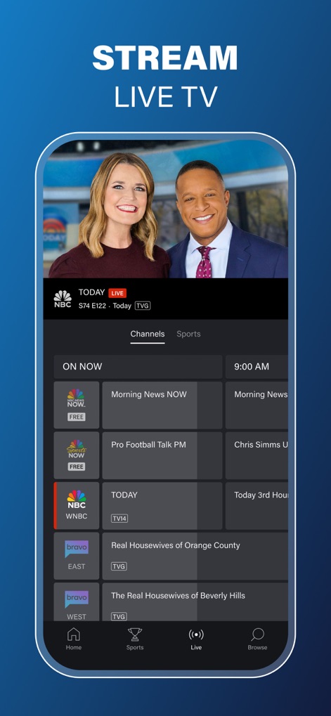 The NBC App – Stream TV Shows - The app provides seamless access to live television, displaying current broadcasts such as 'TODAY' and a comprehensive schedule grid for multiple channels, including 'Bravo'.