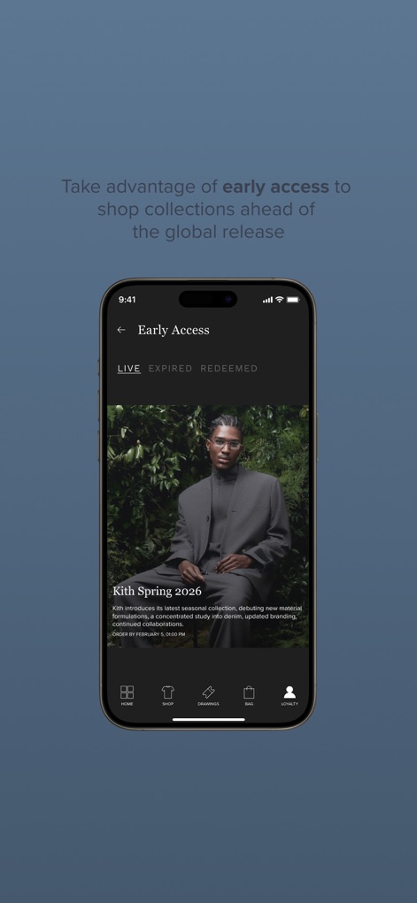 Kith - ユーザーは「Early Access」機能を利用して、グローバルリリースに先駆けてコレクションを閲覧できます。この画面では、「Kith Spring 2026」のコレクション詳細が紹介され、その内容が包括的に記述されています。