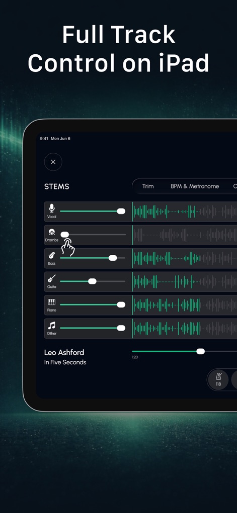 Stem Music and Voice Remover - Experience the enhanced control on an iPad, where users can effortlessly manipulate individual stem volumes and mute/solo tracks using dedicated sliders.