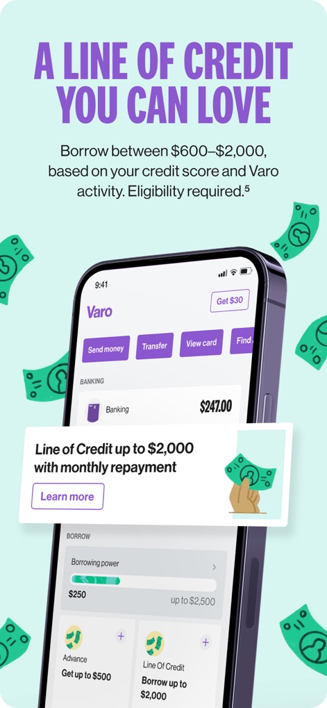Varo Bank: Online Banking - Observe the prominent display of a line of credit offering up to $2,000 and the intuitive 'Borrowing power' gauge that informs users of their potential.
