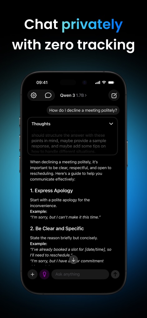 Locally AI - Local AI Chat - This screenshot emphasizes the app's commitment to privacy, showing an AI providing detailed guidance on "declining a meeting politely" within a secure chat interface that includes a "Thoughts" dropdown for expanded insights.