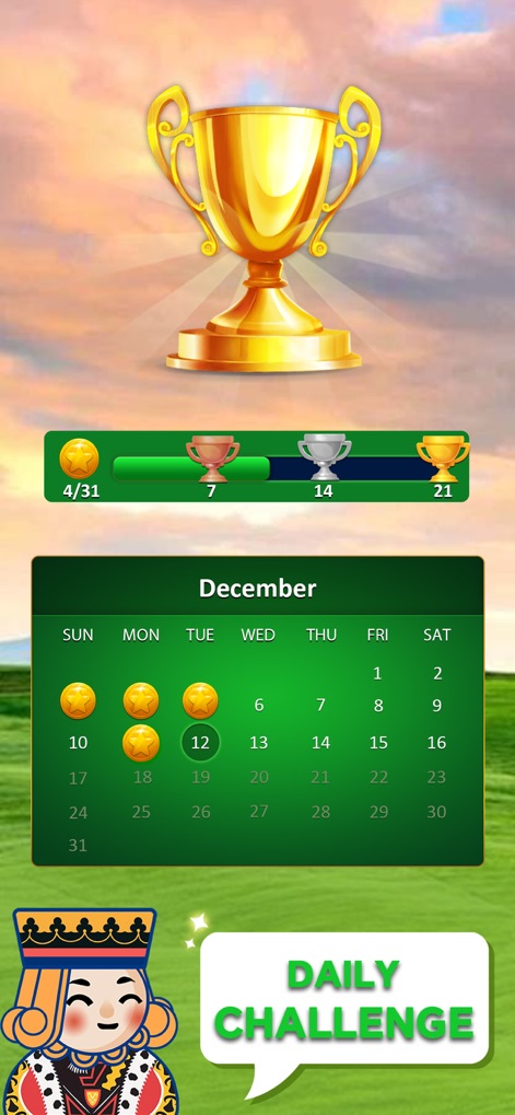 Solitaire Relax®: Classic Card - La aplicación motiva a los jugadores con desafíos diarios accesibles a través de un calendario intuitivo, y un trofeo brillante que recompensa el progreso constante en el juego.