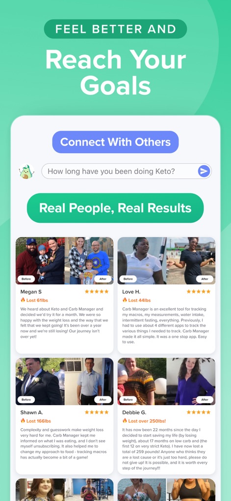 Carb Manager—Keto Diet Tracker - Engage with a supportive community forum and gain inspiration from compelling user testimonials showcasing before and after transformations.