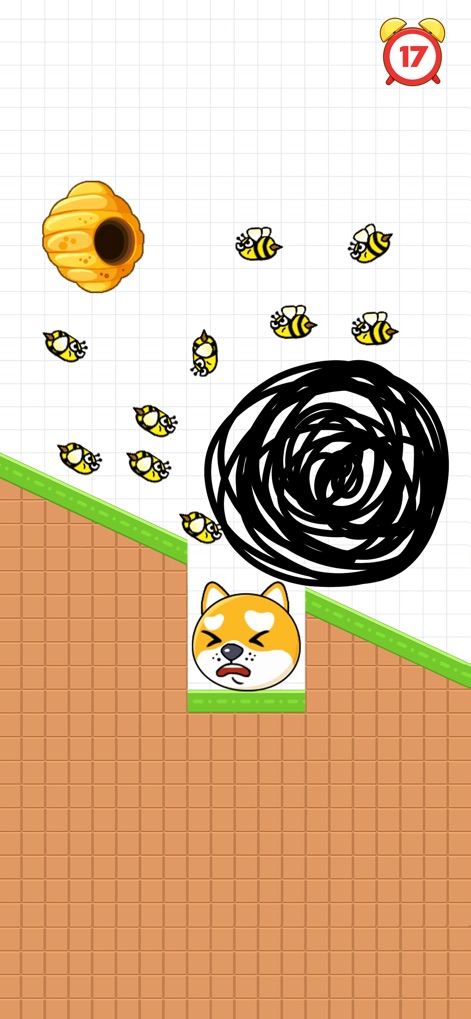 Save The Pets: Save Dog - Players observe expressive character reactions and dynamic sloping terrain elements as they deploy spontaneously drawn barriers against menacing bee swarms.