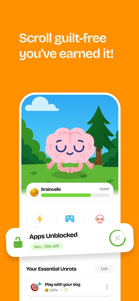 Unrot: Earn your Screen Time - This screenshot highlights the freedom to 'Scroll guilt-free' with the 'Apps Unblocked' timer counting down and a content brain mascot signifying a balanced digital experience.