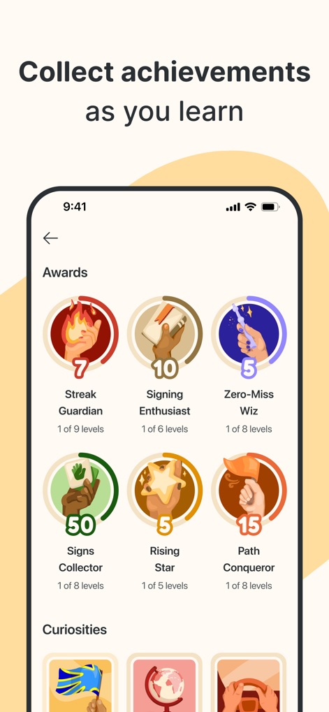 Lingvano - Learn Sign Language - Users are motivated by a diverse array of achievement badges to mark progress and a dedicated 'Curiosities' section to collect unique learning rewards.