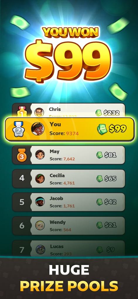 Solitaire Infinite: Win Cash - The app displays impressive prize pools and a detailed leaderboard showing individual player rankings and winnings.