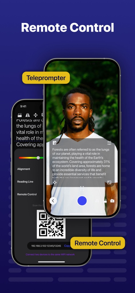 Teleprompter - Captions - Users can remotely control the teleprompter script, adjusting alignment and reading line position, by connecting two devices on the same WiFi network.