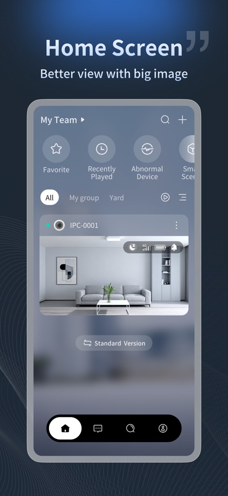 UniEase (Formerly UNV-Link) - Users can efficiently monitor their premises with a clear dashboard featuring a 'My Team' section for device groups and an instant large image preview of their camera feeds.