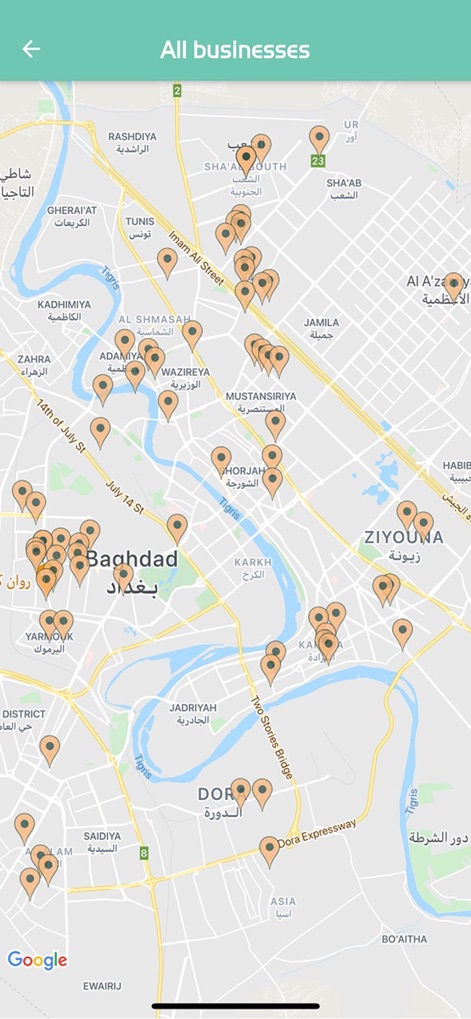 Pure Platform - Questo strumento illustra la sua vasta rete di partner commerciali, mostrando una "Map" (mappa) dettagliata di Baghdad con numerosi "orange location pins" (indicatori di posizione arancioni) che segnalano i punti vendita aderenti.