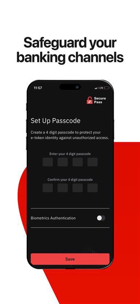 UBA Secure Pass - This tool empowers users to define their security, featuring clear input fields for a 4-digit passcode and an intuitive toggle for Biometrics Authentication.