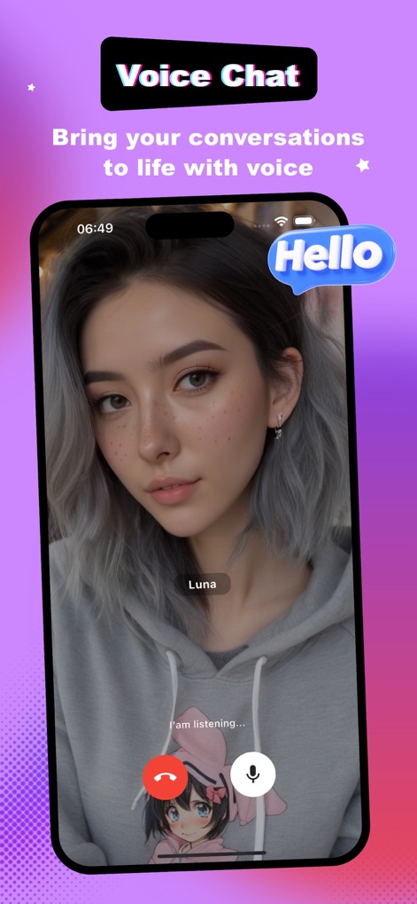 VCharm - your AI love coach - This feature allows users to experience real-time voice conversations with their AI companions, complete with interactive speech bubbles and intuitive call controls.