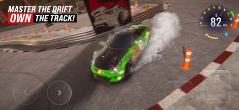 TDZ X: Traffic Driving Zone - La aplicación muestra un coche deportivo en plena acción de derrape, generando una densa nube de humo mientras el medidor de velocidad indica 82 km/h, destacando la física realista del juego.