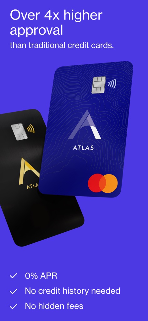 Atlas - Rewards Credit Card - This visual presents the two stylish Atlas card designs and highlights key benefits like 0% APR and no hidden fees.