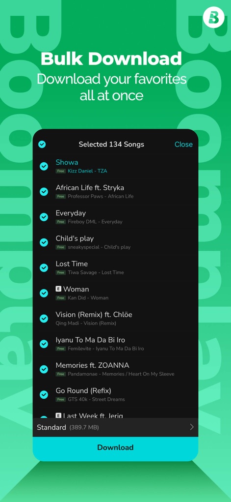 Boomplay Lite：Music Player Pro - Observe the app's convenient bulk download feature, allowing users to select multiple songs with checkboxes for efficient offline listening.
