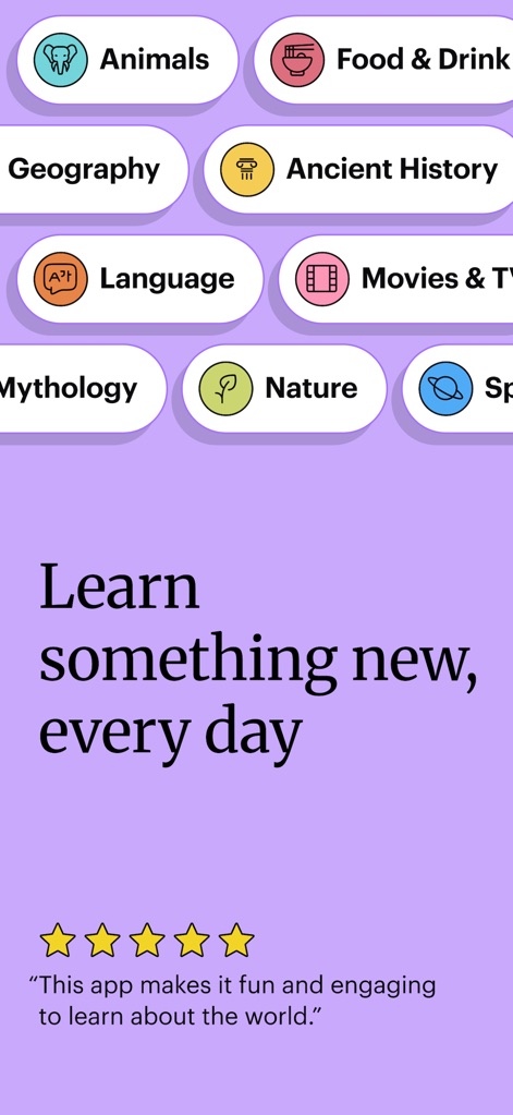 Spark: Daily Learning Puzzles - See how the app's diverse category bubbles and prominent daily learning prompt encourage continuous engagement.